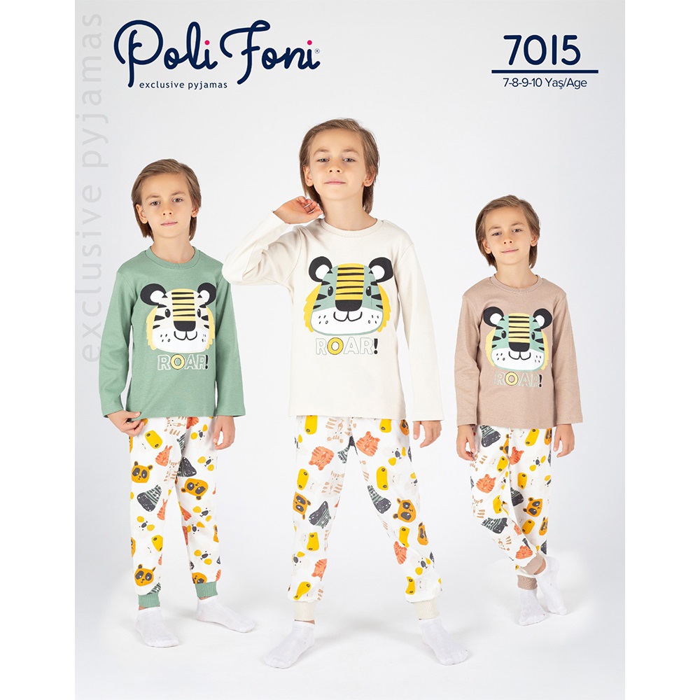 Polifoni 7015 Erkek Çocuk Penye Sevimli Tıger Roar Baskılı Pijama Takımı 7-10 Yaş