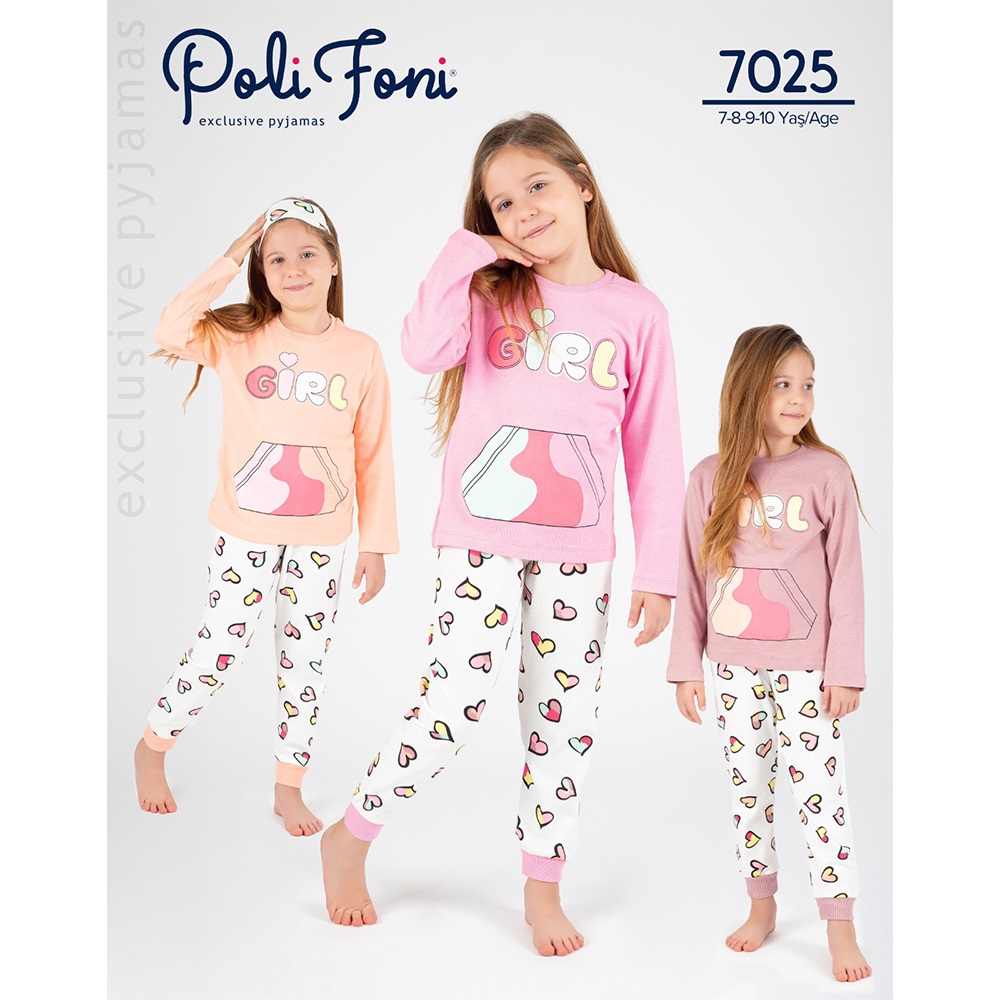 Polifoni 7025 Kız Çocuk Penye Kalpli Gırl Baskılı Pijama Takımı 7-10 Yaş