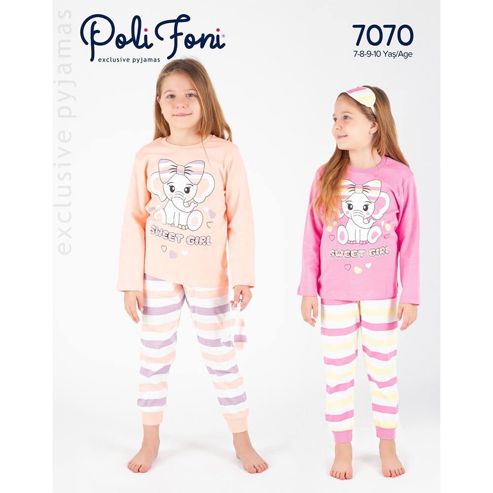 Polifoni 7070 Kız Çocuk Penye Sevimli Fiyonklu Fil Baskılı Pijama Takımı 7-10 Yaş