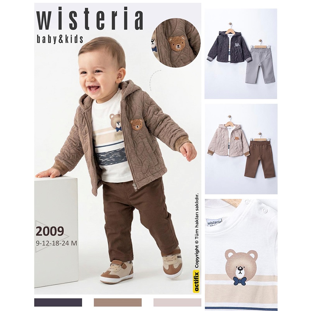 Wisteria 2009 Erkek Bebe Süzine Sevimli Ayıcık Nakışlı Kapşonlu Ceket 3Lü Takım 9-24 Ay