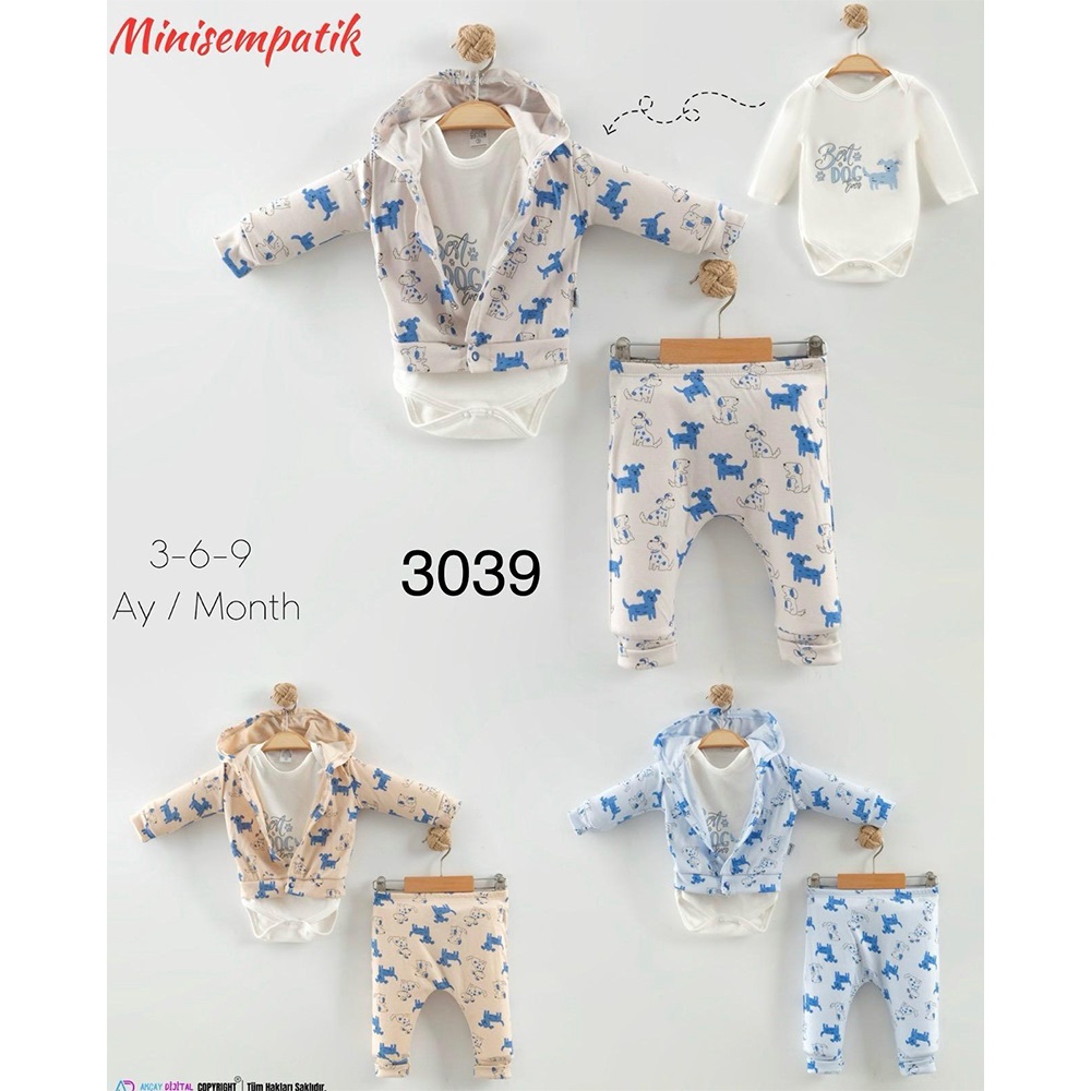 Mini Sempatik 3039 Erkek Bebe Penye Sevimli Köpek Baskılı Badili 3 Lü Takım 3-9 Ay - Karışık Renk - 3-9 AY