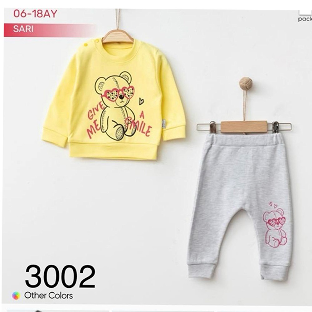 Mini Sempatik 3002 Kız Bebe Penye Sevimli Gözlüklü Ayıcık Baskılı 2 Li Takım 6-18 Ay