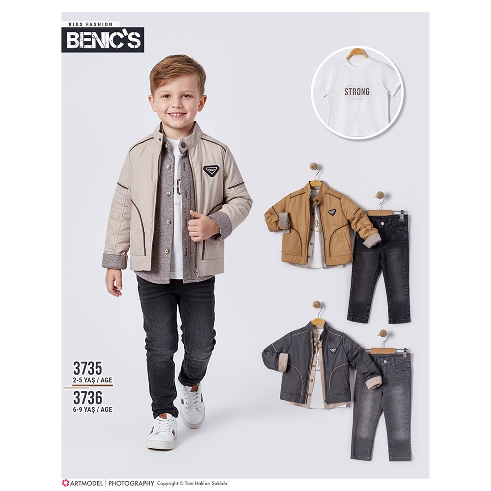 Benics 3736 Erkek Çocuk Strong Baskılı Fermuarlı Mont 4 Lü Takım 6-9 Yaş