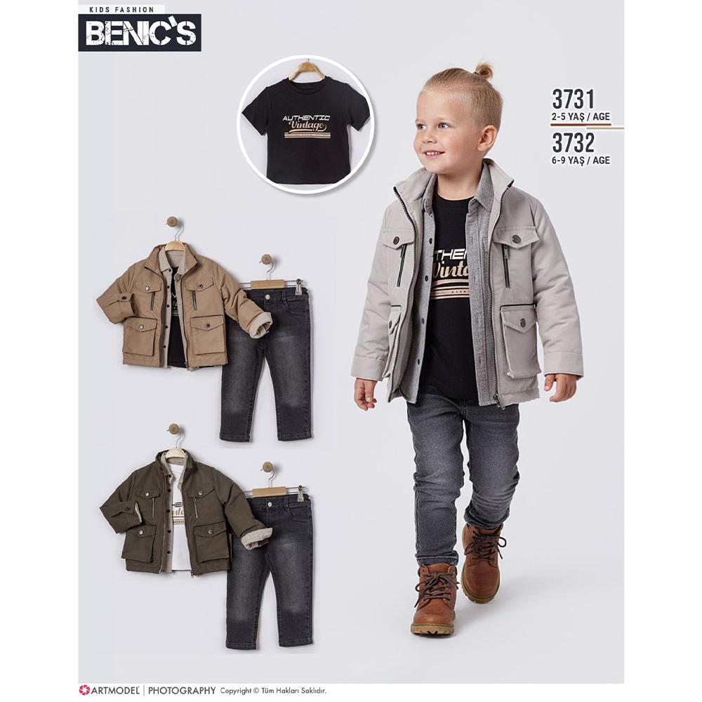 Benics 3732 Erkek Çocuk Count Your Blessıngs Baskılı Fermuarlı Mont 4 Lü Takım 6-9 Yaş