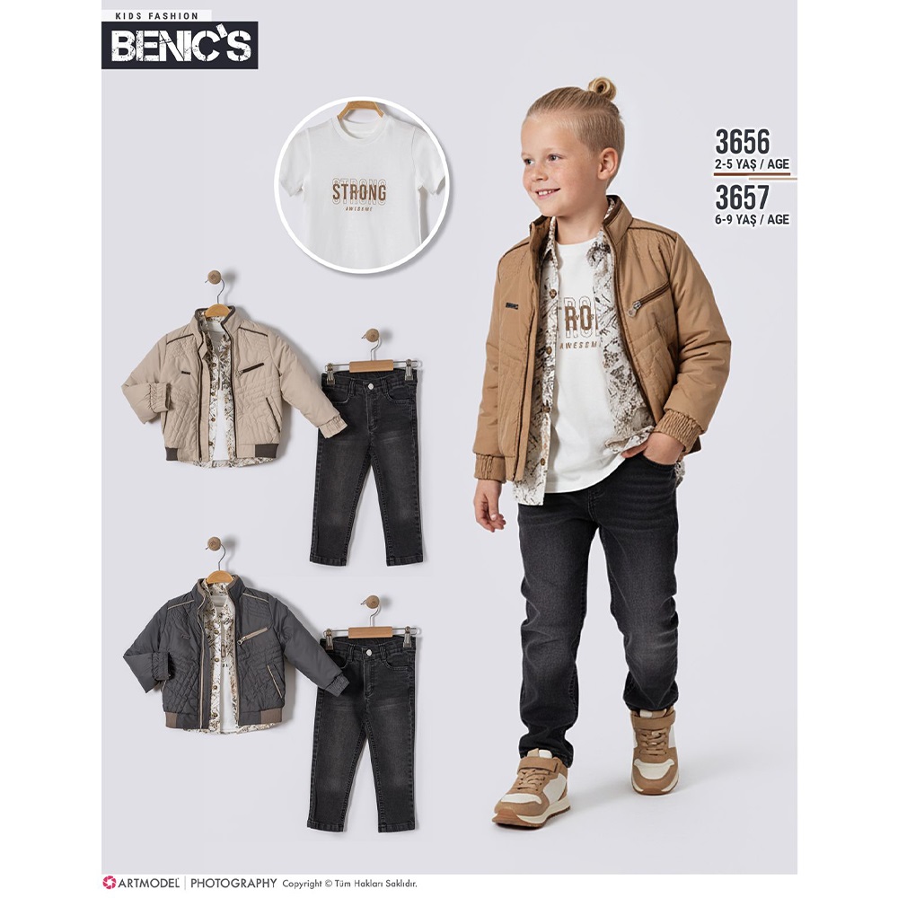 Benics 3757 Erkek Çocuk Strong Baskılı Fermuarlı Ribana Mont 4 Lü Takım 6-9 Yaş