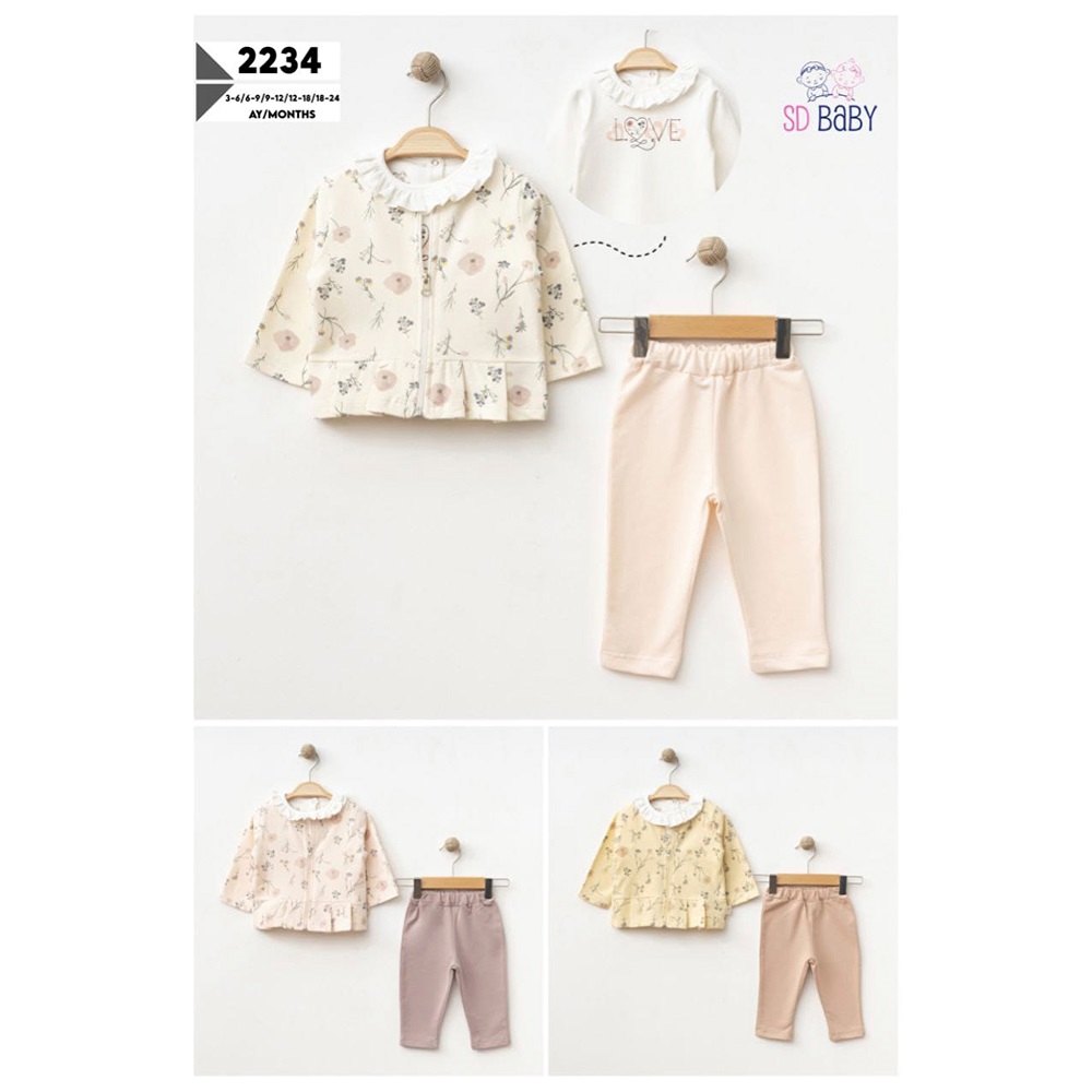 SD Baby 2234 Kız Bebe Penye Çiçek Desenli 3 Lü Takım 6-24 Ay