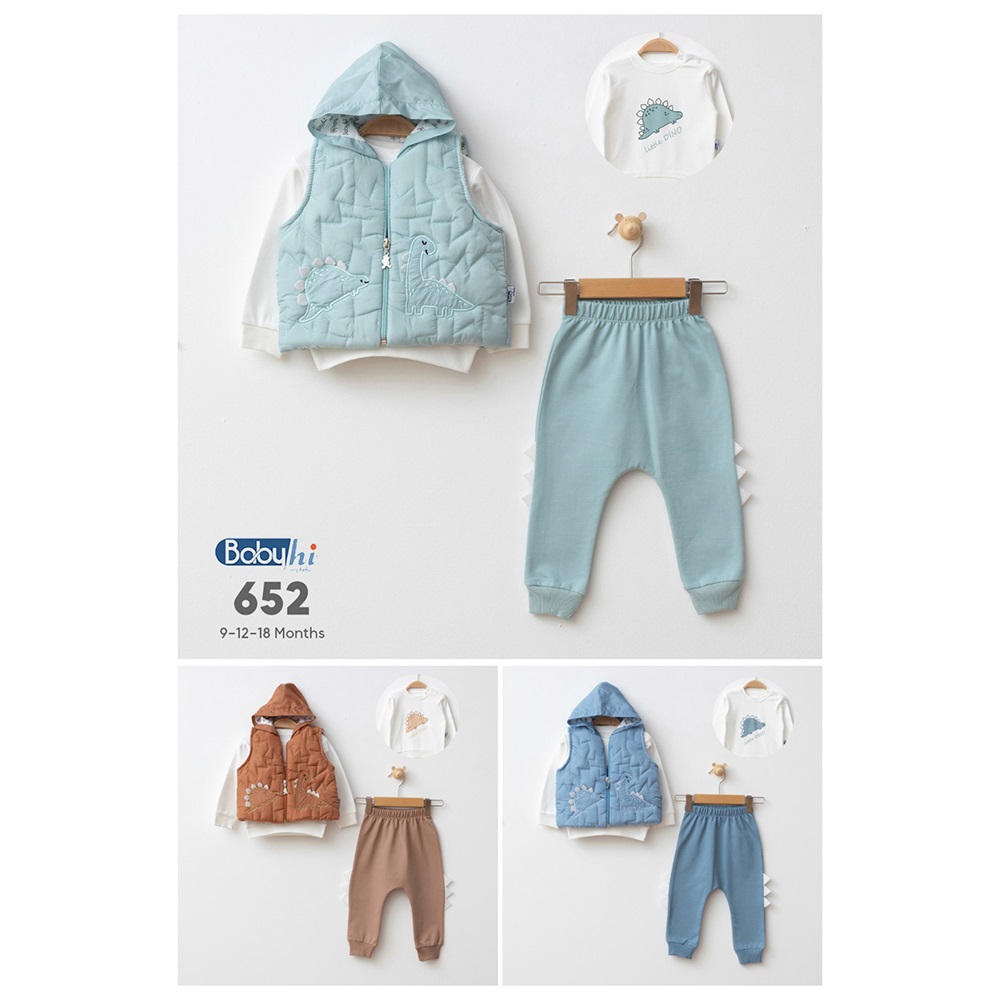 Baby Hi 652 Bebe 2 İp Sevimli Dinozor Nakışlı Micro Yelekli 3 Lü Takım 9-18 Ay