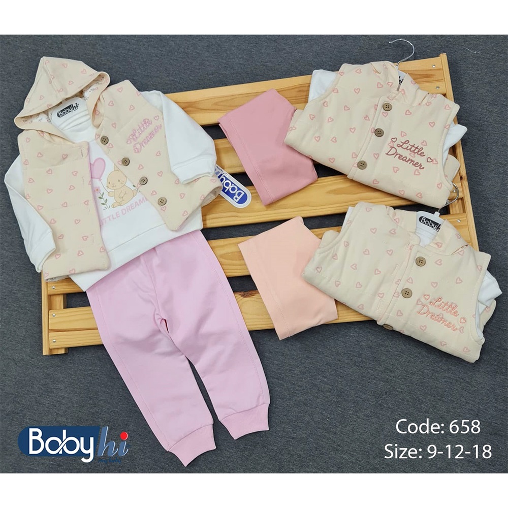 Baby Hi 658 Kız Bebe 2 İp Kalp Baskılı Yelekli 3 Lü Takım 9-18 Ay