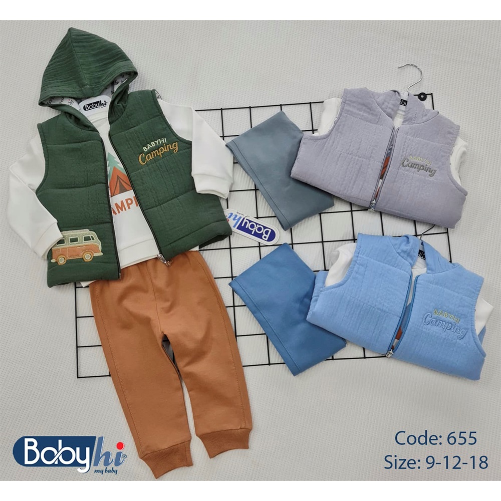 Baby Hi 655 Erkek Bebe 2 İp Araba Nakışlı Müslin Yelekli 3 Lü Takım 9-18 Ay