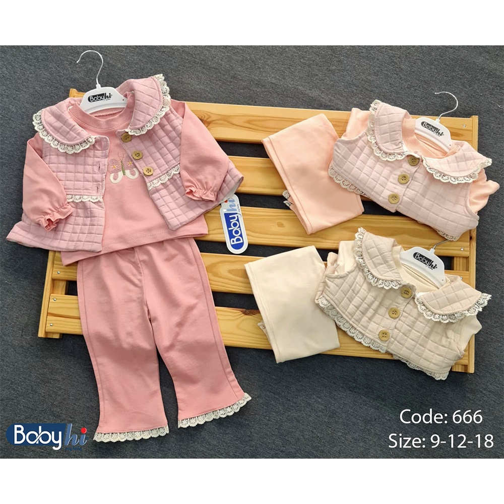 Baby Hi 666 Kız Bebe 2 İp Dantelli Yaka Kapitone Yelekli 3 Lü Takım 9-18 Ay