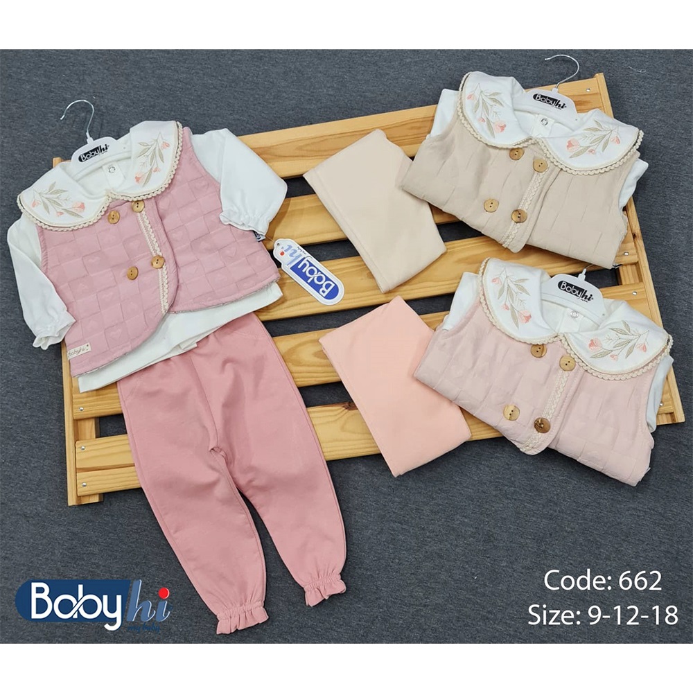 Baby Hi 652 Kız Bebe 2 İp Yaka Çiçek Nakışlı Yelekli 3 Lü Takım 9-18 Ay