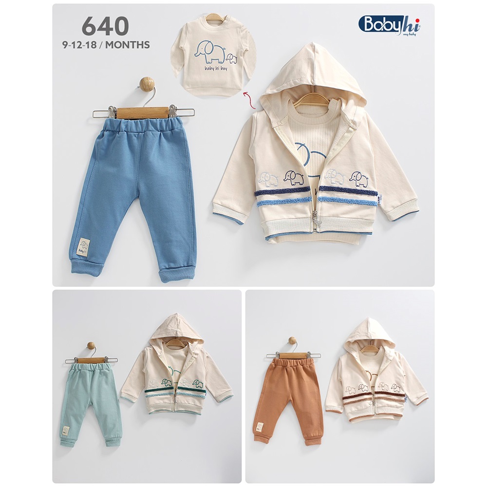 Baby Hi 640 Erkek Bebe 2 İp Sevimli Fil Nakışlı Ceketli 3 Lü Takım 9-18 Ay