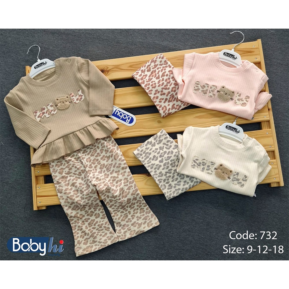 Baby Hi 732 Kız Bebe Penye Leopar Meow Nakışlı 2 Li Takım 9-18 Ay