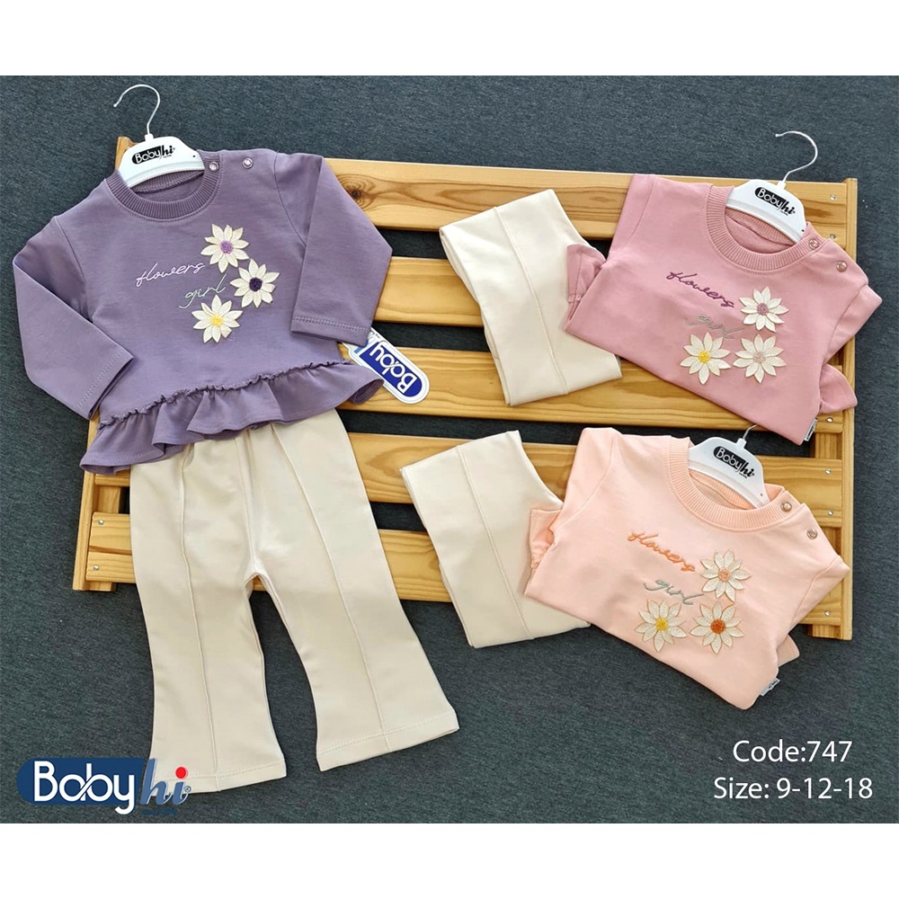 Baby Hi 747 Kız Bebe 2 İp Aplike Çiçek Nakışlı 2 Li Takım 9-18 Ay