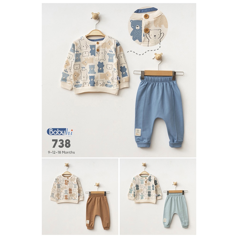 Baby Hi 738 Erkek Bebe 2 İp Sevimli Ayıcıklar Baskılı 2 Li Takım 9-18 Ay