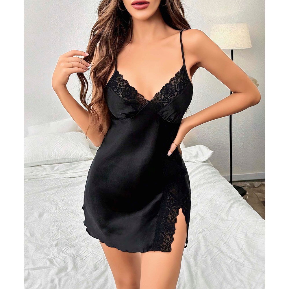 Lily Bicnca 458 Bayan Saten Dantelli Fantazi Kısa Gecelik - Siyah - S-M