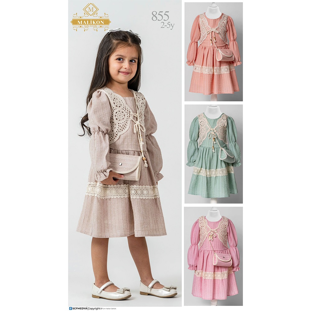 Mali-Kon 855 Kız Çocuk Müslum Yelekli Çantalı Elbise 2-5 Yaş - Karışık Renk - 2-5 YAŞ - 40339-Karışık Renk -2-5 YAŞ