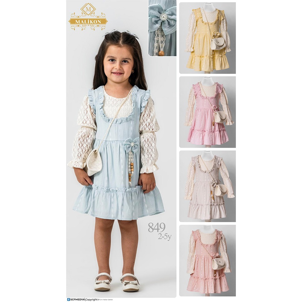 Mali-Kon 849 Kız Çocuk Müslum Çizgili Çantalı Elbise 2-5 Yaş