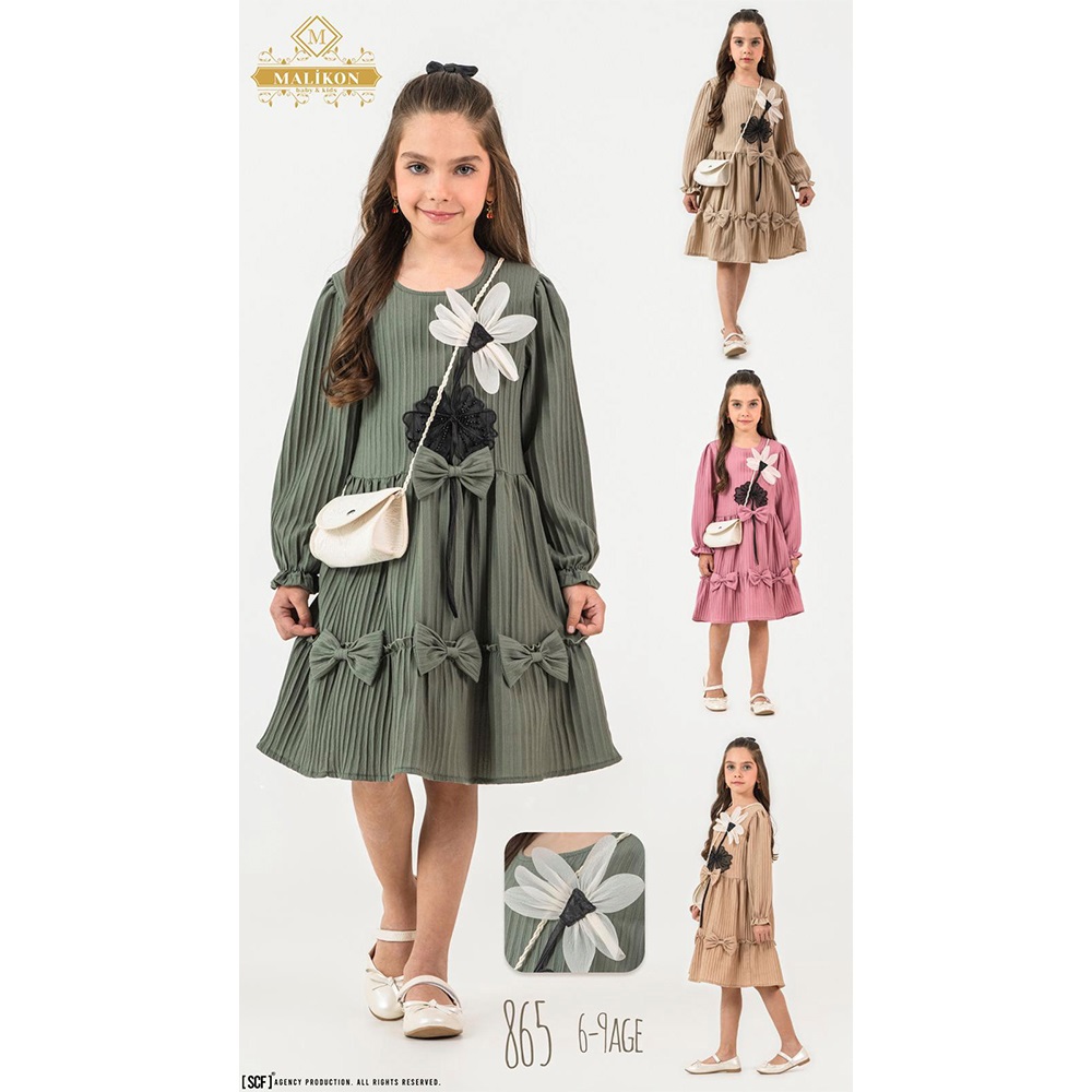 Mali-Kon 865 Kız Çocuk Çiçek Motifli Çantalı Elbise 6-9 Yaş