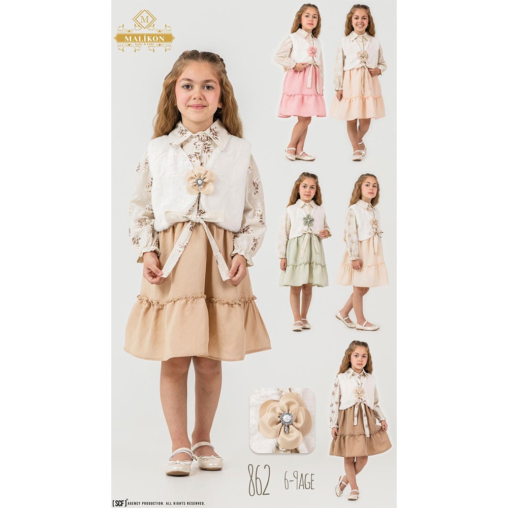 Mali-Kon 862 Kız Çocuk Flamlı Yelekli Elbise 6-9 Yaş