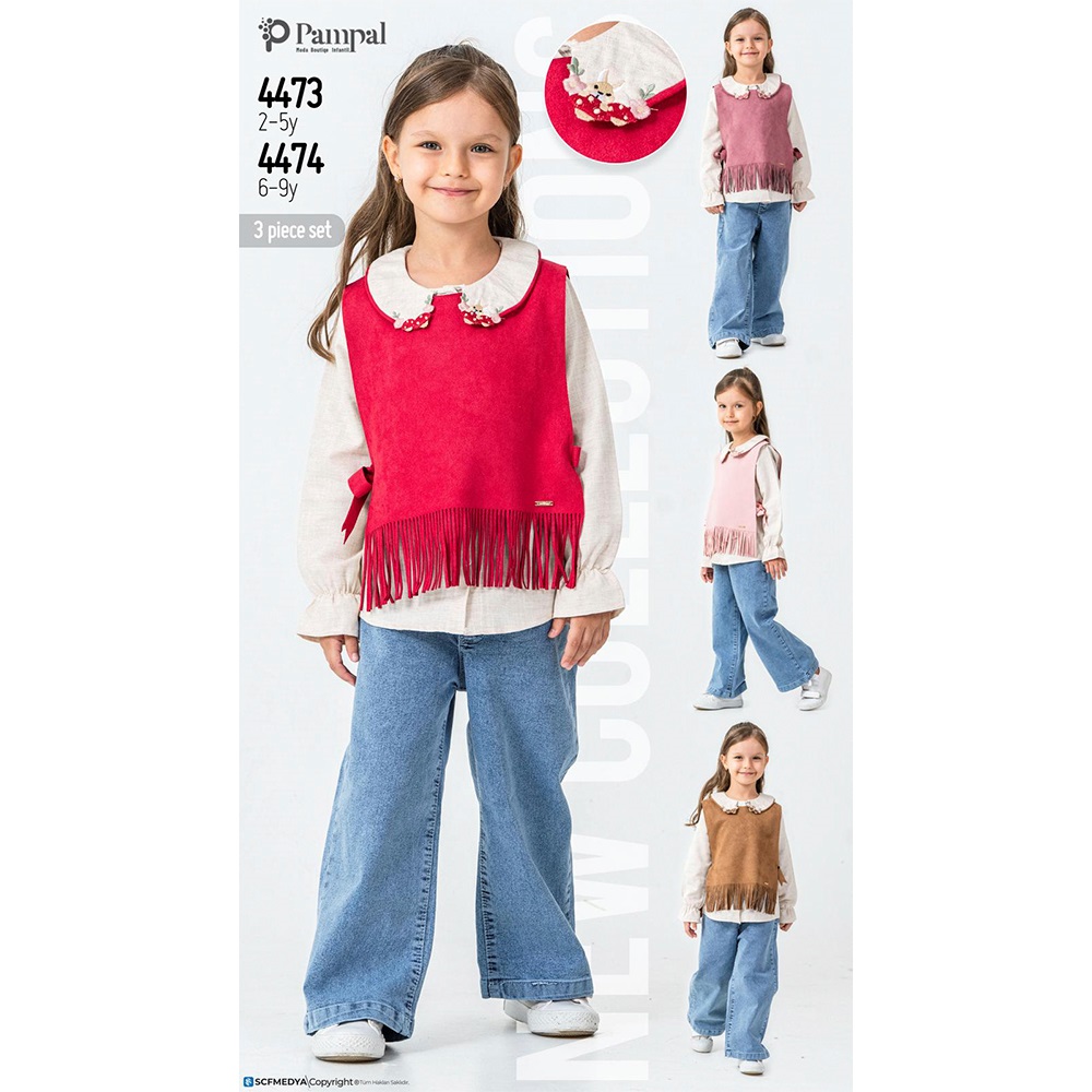Pampal 4473 Kız Çocuk Müslüm Süet Yelekli 3 Lü Takım 2-5 Yaş