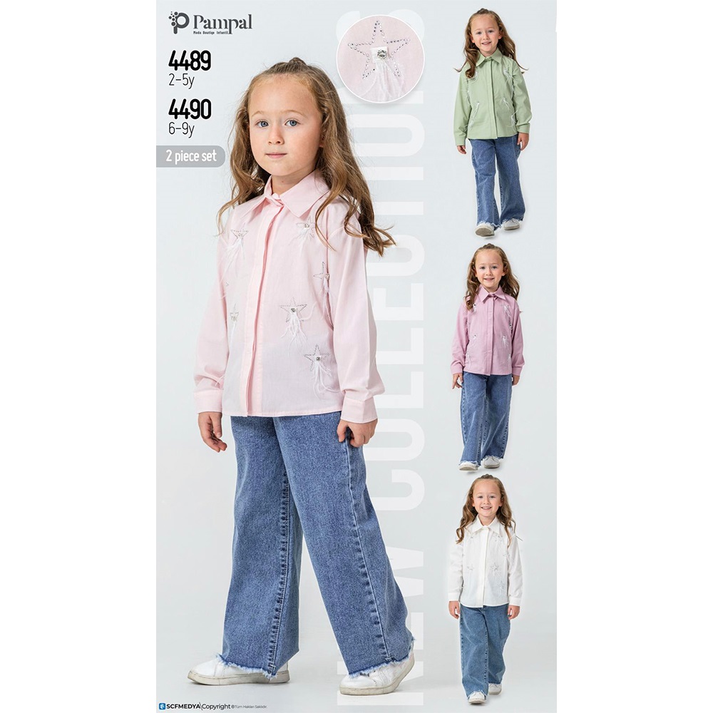 Pampal 4489 Kız Çocuk Kot Pantolonlu Gömlekli 2 Li Takım 2-5 Yaş