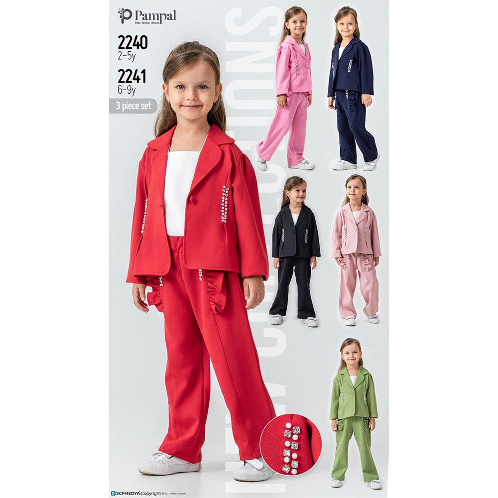 Pampal 2240 Kız Çocuk İncili Desenli 3 Lü Ceketli Takım 2-5 Yaş