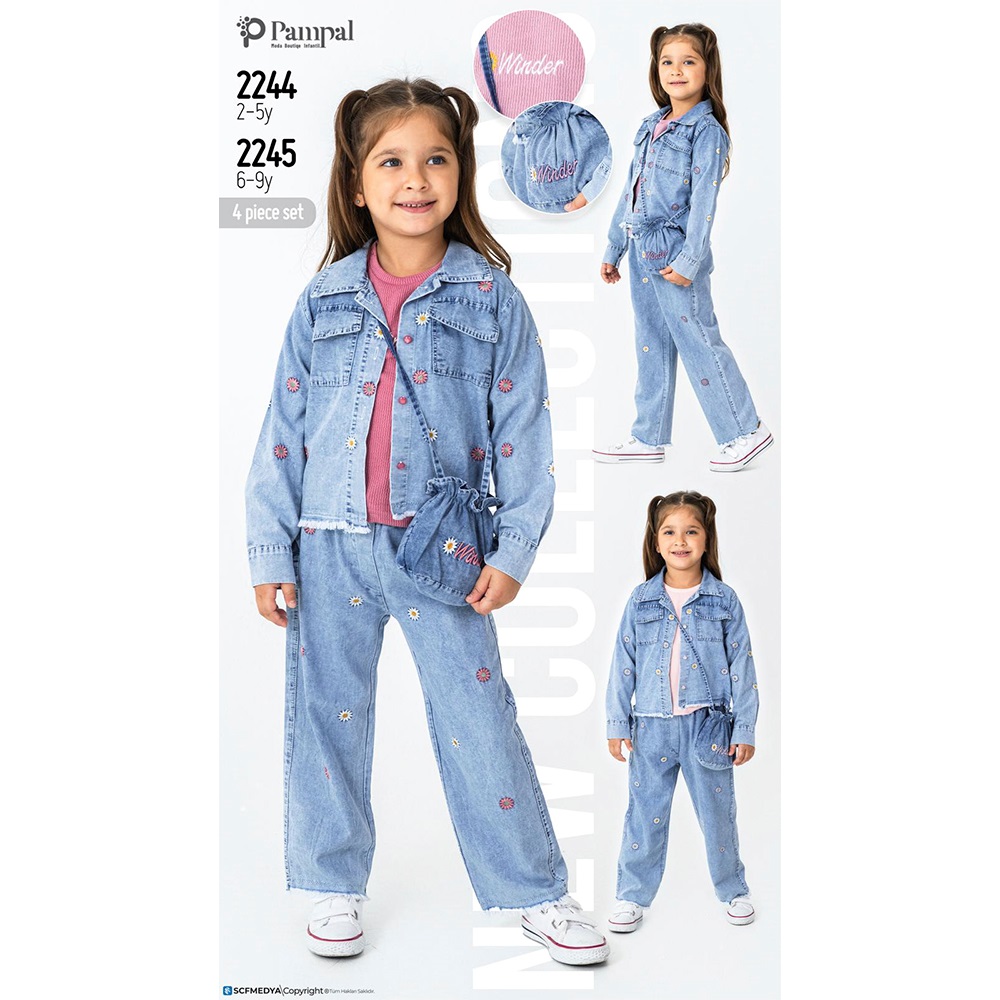 Pampal 2245 Kız Çocuk Çantalı Papatya Nakışlı Kotlu 4 Lü Takım 6-9 Yaş