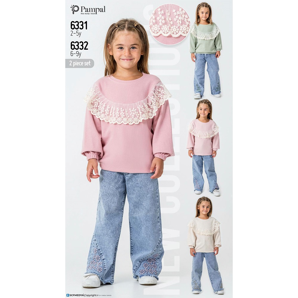Pampal 6332 Kız Çocuk Kot Pantolonlu Selanik 2 Li Takım 6-9 Yaş