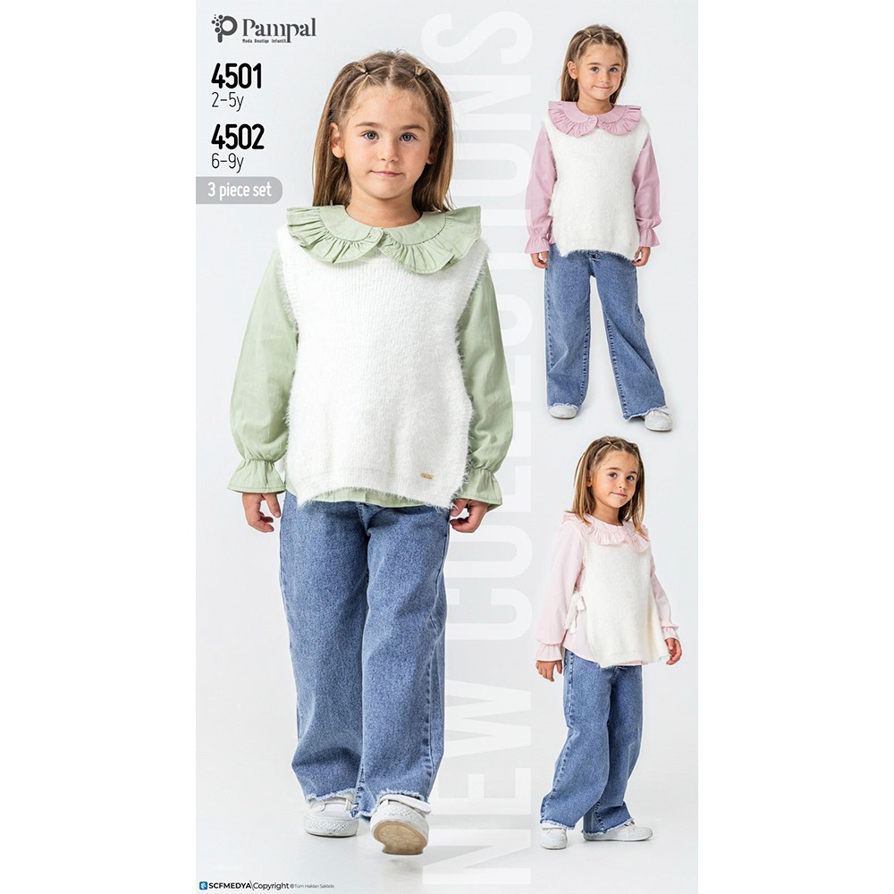Pampal 4502 Kız Çocuk Peluş Yelekli 3 Lü Takım 6-9 Yaş