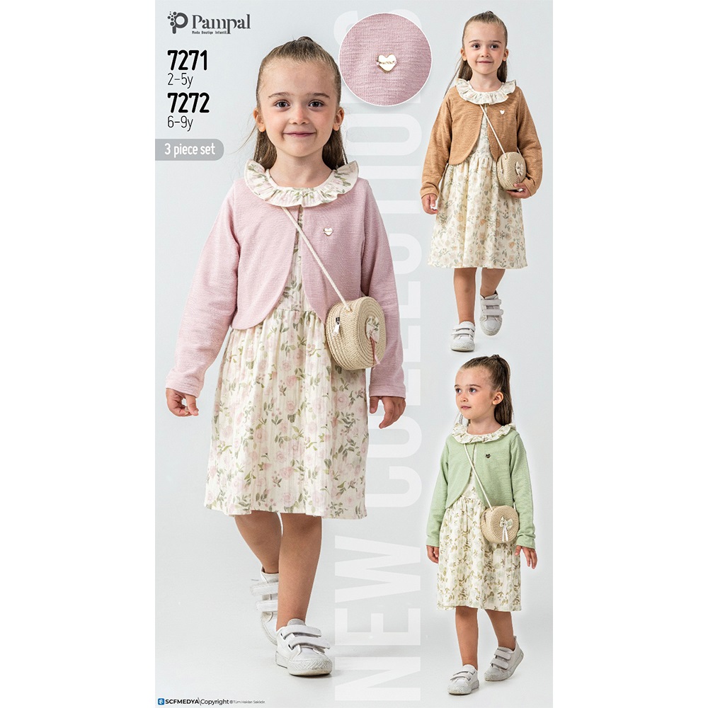 Pampal 7272 Kız Çocuk Bolerolu Çiçek Desenli Çantalı Ceketlı Elbise 6-9 Yaş