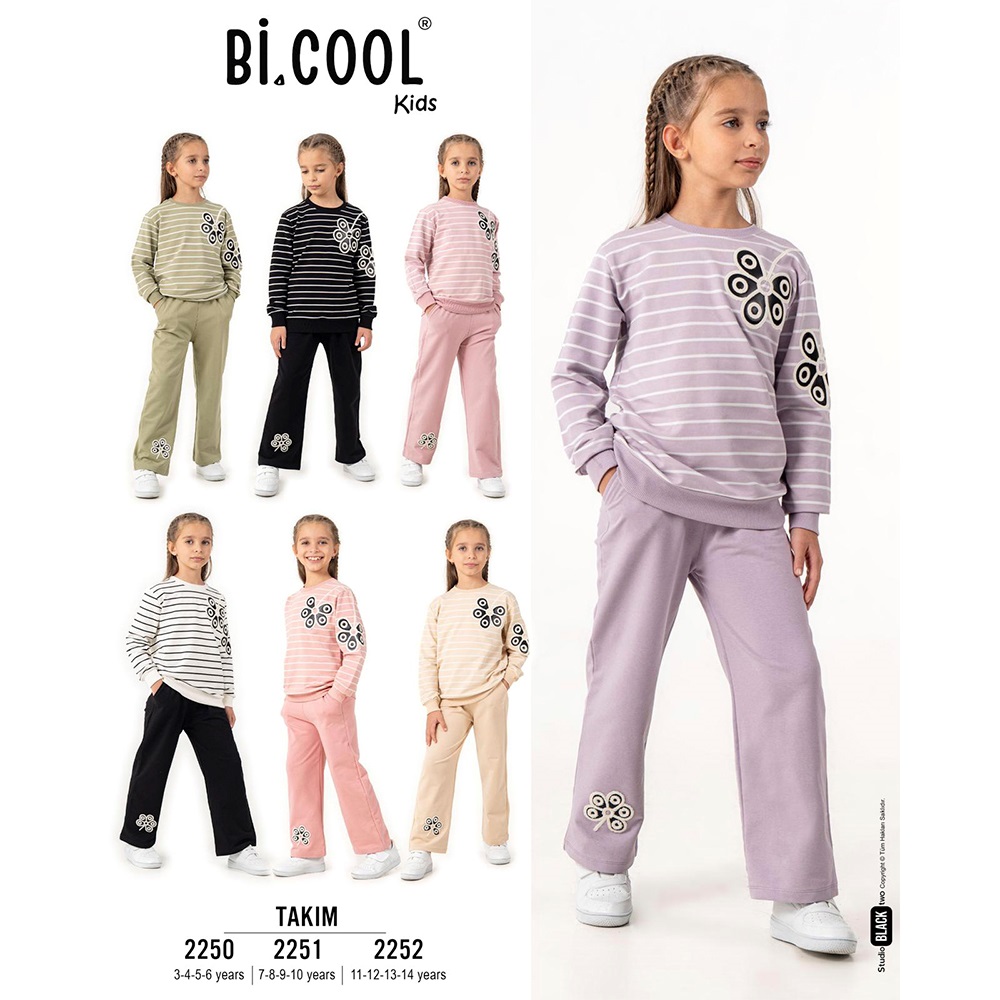 Bi Cool 2250 Kız Çocuk 2 İplik Papatya Nakışlı Sıfır Yaka Çizgili Takım 3-6 Yaş