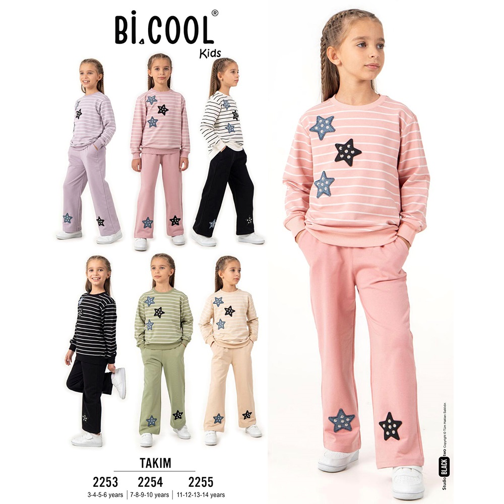 Bi Cool 2254 Kız Çocuk 2 İplik Yildız Nakışlı Sıfır Yaka Çizgili Takım 7-10 Yaş