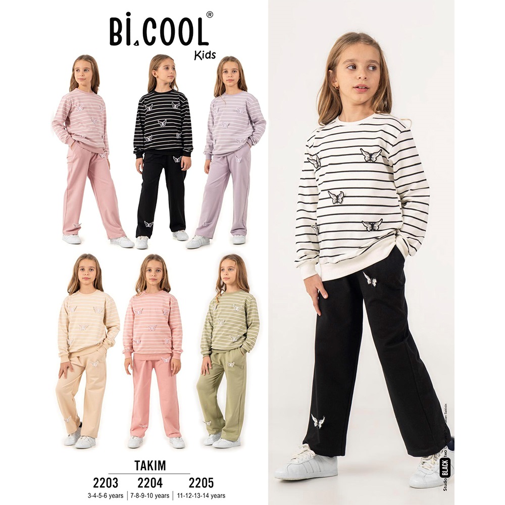 Bi Cool 2203 Kız Çocuk 2 İplik Kelebek Nakışlı Sıfır Yaka Çizgili Takım 3 -6 Yaş