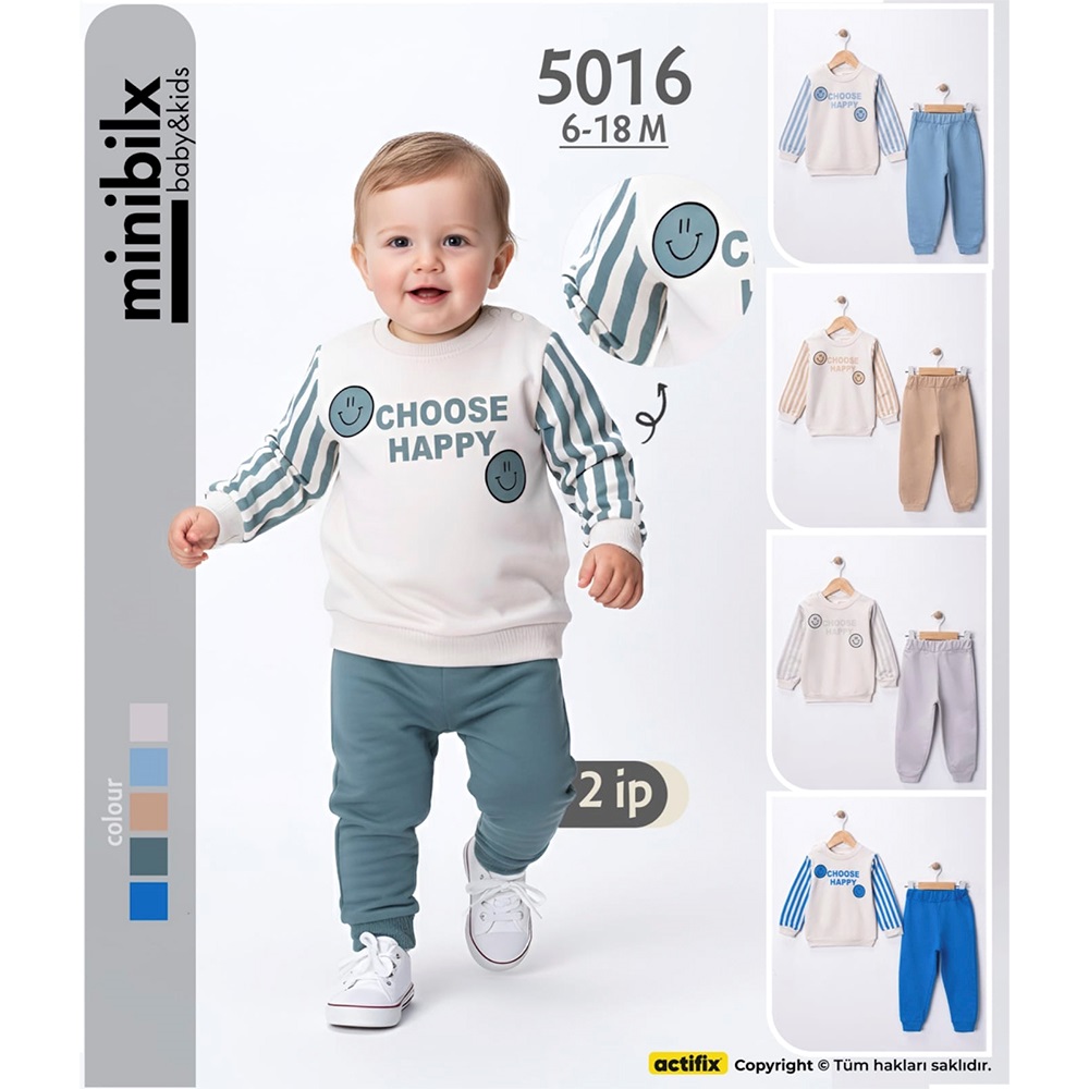 Bilkon Baby 5016 Erkek Bebe 2 İp Happy Baskılı Takım 6-18 Ay