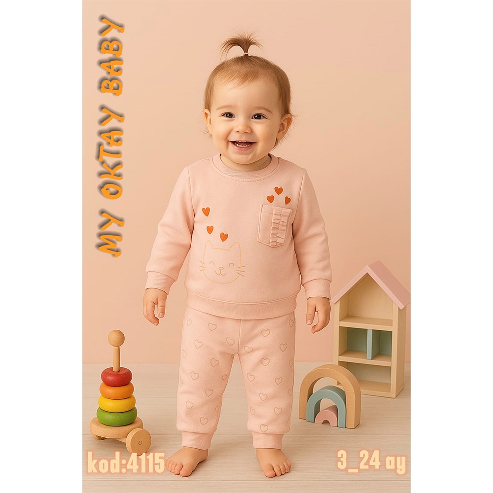 My Oktay 4115 Kız Bebe 2 İp Sevimli Kedi Kalp Nakışlı Takım 3-24 Ay