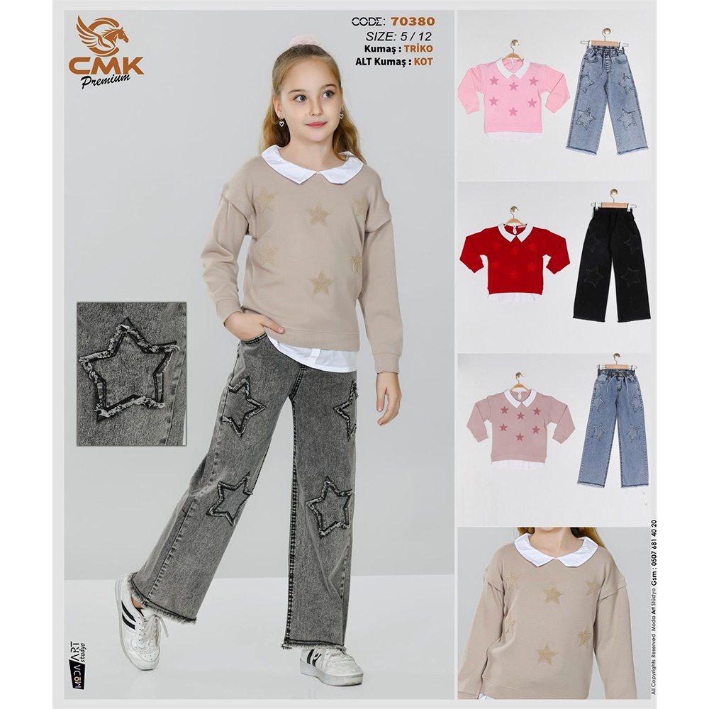 CMK KIDS 70380 Kız Çocuk Triko Süzine Yıldız Nakışlı Takım 5-12 Yaş - Karışık Renk - 5-12 YAŞ
