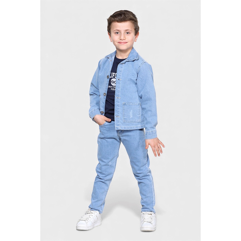 Puba 27514-2 Erkek Çocuk Sade Cepli 3lü Kot Takım 8-12 Yaş - Kot Mavi - 8-12 YAŞ