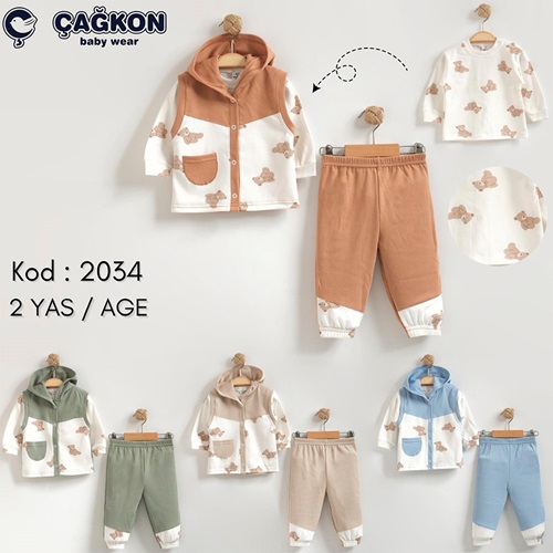 Çağkon 2034 Erkek Çocuk Penye Pelüş Ayılı Kapşonlu Yelekli 3 lü Takım 1 Yaş - 40427-Karışık Renk -0-1 YAŞ