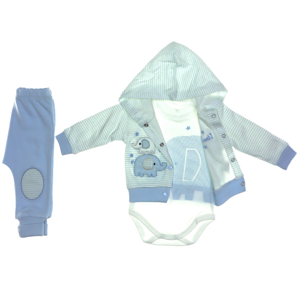6353 Erkek Penye Fil Nakışlı Kapşonlu 3 lü Takım 0-3 AY - A. Mavi