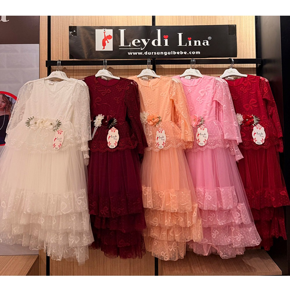 Leydi Lina 837 Kız Çocuk Çicek Dantelli Uzun Kol Tül Elbise 5-12 Yaş - 40444-Karışık Renk -5-12 YAŞ