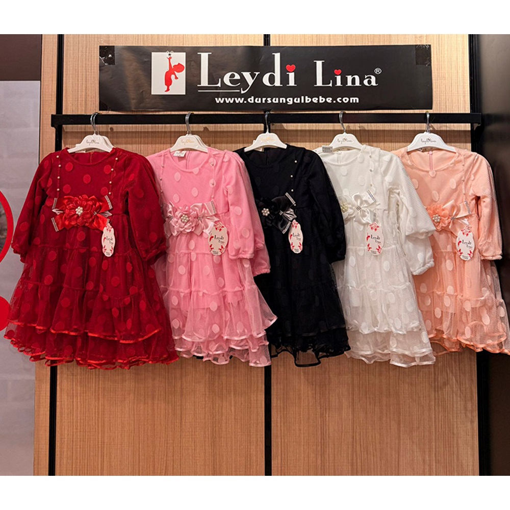 Leydi Lina 807 Kız Çocuk İnci Dantelli Uzun Kol Tül Elbise 1-3 Yaş