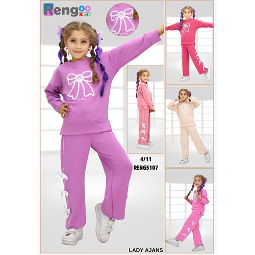 Rengoo 5107 Kız Çocuk 2 iplik Oysho Fiyonk Nakışlı Sıfır Yaka Takım 4-11 Yaş