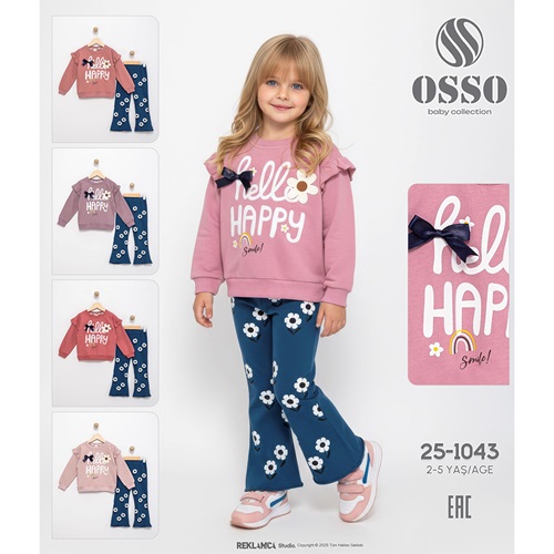Osso 1043 Kız Çocuk 2 İp Hello Happy Baskılı Takım 2-5 Yaş