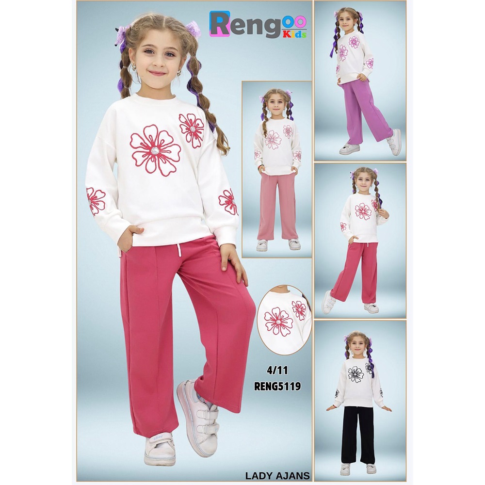 Rengoo 5119 Kız Çocuk 2 iplik Oysho kollu Ve Önü Zincir Çiçek Nakışlı Sıfır Yaka Takım 4-11 Yaş