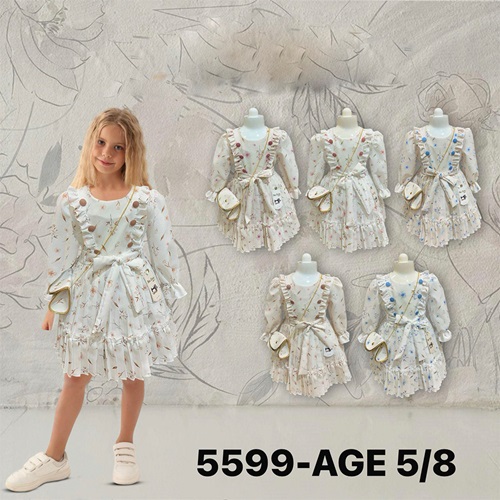 Lotus 5599 Kız Çocuk Çiçek Desenli Çantalı Fırfırlı Elbise 5-8 Yaş