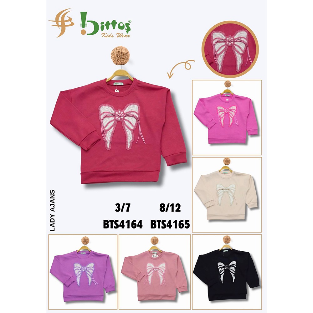 Bittoş Bts4164 Kız Çocuk 2 İp Oysho Büyük Fiyonk Nakışlı Sweat 3-7 Yaş - 40568-Karışık Renk -3-7 YAŞ