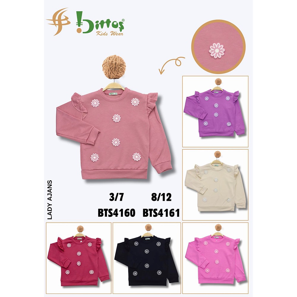 Bittoş Bts4161 Kız Çocuk 2 İp Oysho Kolu Fırfır Model Çiçek Nakışlı Sweat 8-12 Yaş - 40570-Karışık Renk -8-12 YAŞ