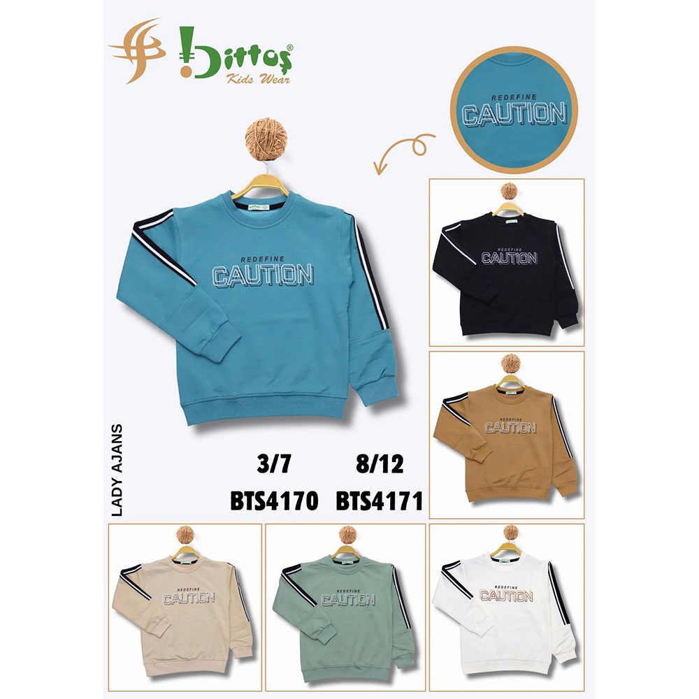 Bittoş Bts4171 Erkek Çocuk 2 İp Kolu Şeritli Cautıon Yazılı Baskılı Sweat 8-12 Yaş - 40574-Karışık Renk -8-12 YAŞ