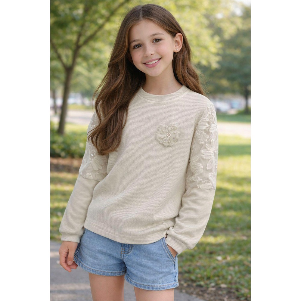 Almila 9177 Kız Çocuk Fitili Kol Güllü Nakışlı Sıfır Yaka Sweat 9-12 Yaş